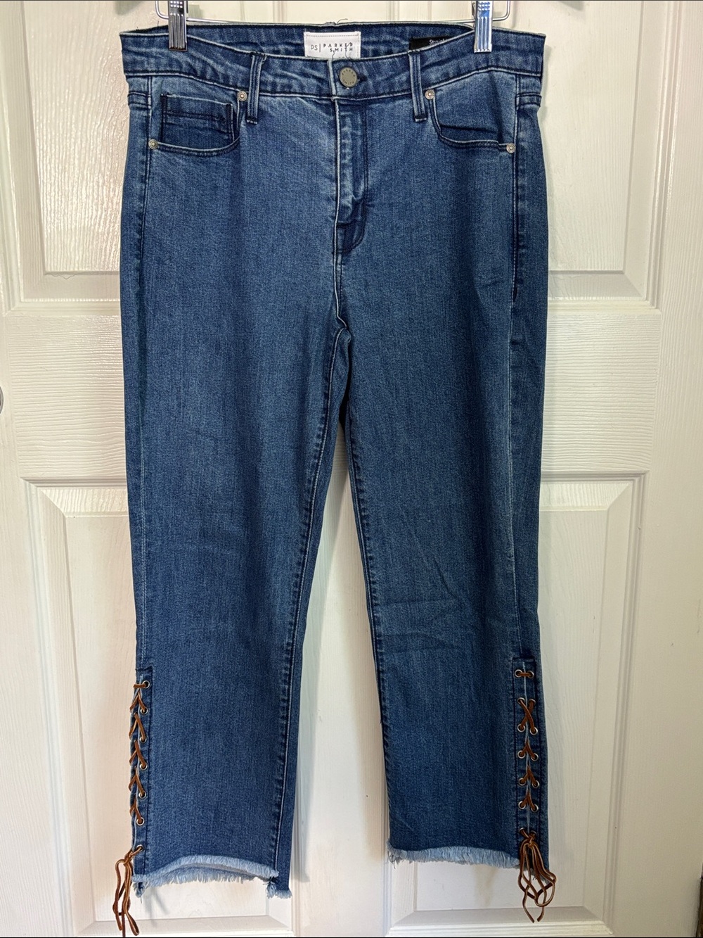 PS PARKER SMITH Straight Cropped Blue Jeans Brown Lace-Up Ankle raw hem size 30